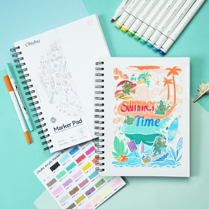 Ohuhu Double Sided Marker Pads Art Sketchbook Bleedproof - 10x7.6 Spiral Bound Type + 9x12 Glue Bound Type Set, Total 2psc Marker Pads