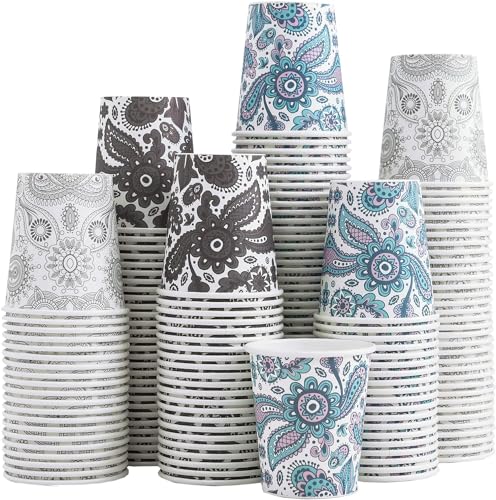 Clawsoff [300 Pack] 5 oz Mini Paper Cups, Small Mouthwash 5 OZ, Disposable Bathroom Cups, Paper Coffee Cups 5 Ounce for Bathroom, Supermarket, Birthday Party, Travel, Events, Picnic, BBQ (Paisley) - color: Gray, size: 5 oz