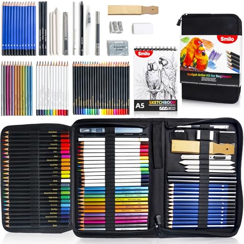Smilo 76-Piece Professional Drawing Kit - Sketching Set with Graphite, Charcoal, Watercolor & Metallic Pencils, Art Knife, Sandpaper Block, Woodless Pencil in Travel Case for Adults & Beginners - style: 76pcs Art Supplies