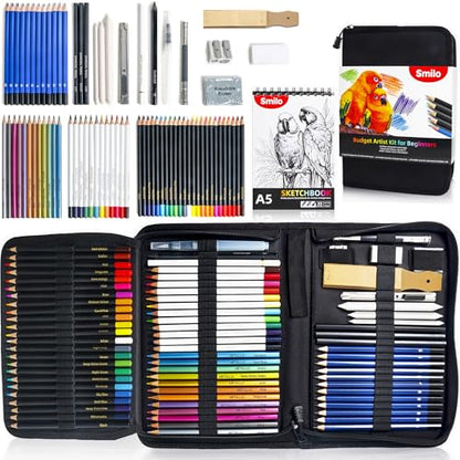 Smilo 76-Piece Professional Drawing Kit - Sketching Set with Graphite, Charcoal, Watercolor & Metallic Pencils, Art Knife, Sandpaper Block, Woodless Pencil in Travel Case for Adults & Beginners - style: 76pcs Art Supplies