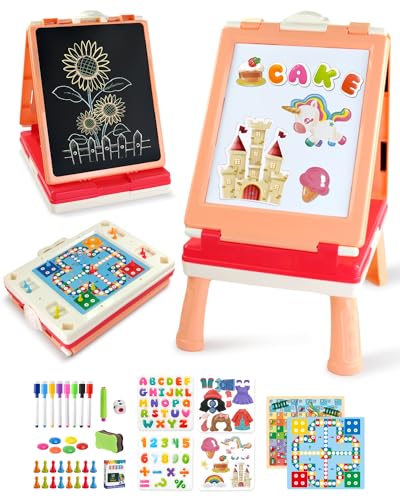 Elovien Foldable Art Easel for Kids, Double Sided with Chalkboard & Magnetic Dry Erase Board, Height Adjustable Desktop Easel, Educational Gift for Girls (Pink) - color: Pink