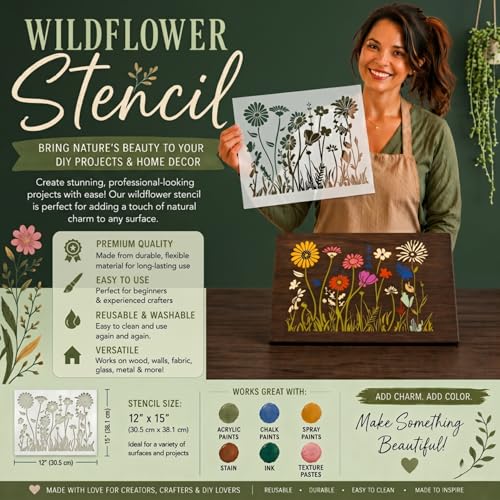DLY LIFESTYLE Large Wildflower Stencil for Painting (15x12 Inches) - Stencils for Crafts Reusable for Canvas, Fences, Fabric, Furniture - DIY Wall Stencils for Painting Large Pattern - style: Wildflower 12x15 Inch