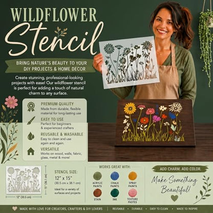 DLY LIFESTYLE Large Wildflower Stencil for Painting (15x12 Inches) - Stencils for Crafts Reusable for Canvas, Fences, Fabric, Furniture - DIY Wall Stencils for Painting Large Pattern - style: Wildflower 12x15 Inch