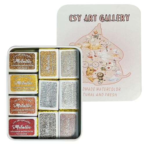 Handmade Metallic Gold-Silver Watercolors Paint Shimmer Calligraphy Ink Hand Lettering Full Pans Shimmer Watercolour Set for Painting, Mixed Media and Paper Crafts (Set 2) - color: Set 2 (10 Full Pans)