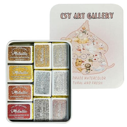 Handmade Metallic Gold-Silver Watercolors Paint Shimmer Calligraphy Ink Hand Lettering Full Pans Shimmer Watercolour Set for Painting, Mixed Media and Paper Crafts (Set 2) - color: Set 2 (10 Full Pans)