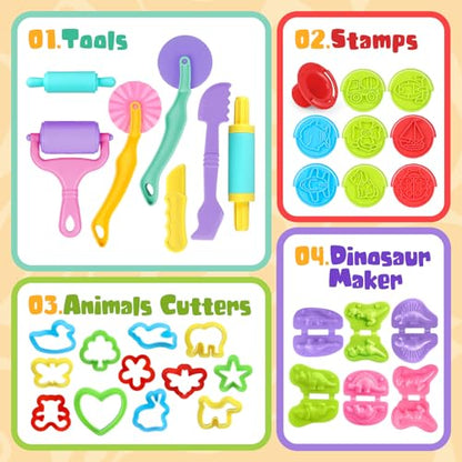 Dough Tools Set, 34 Pcs Dough and Clay Accessories with Stamp, Cutters, Dino Maker, Animals Molds, Rolling Pins, Modeling Clay Play Tools Kit for Boys Girls