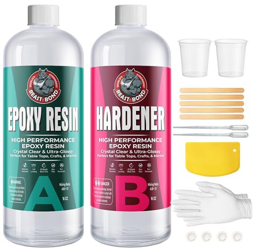 Beast Bond Crystal Clear Epoxy Resin Kit 32oz, Self-Leveling, Ultra-Glossy, Bubble Free, UV & Moisture Resistant Resin Kit for Art, Jewelry, Tabletops, Wood Finishes, Marine, Easy 1:1 Mix, DIY Crafts | Self-Leveling, Ultra-Glossy, Bubble Free, UV & Moistu