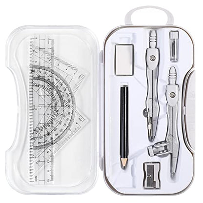 Unjoo Math Geometry Sets 10 Piece Student Supplies with Shatterproof Storage Box,Includes Rulers,Protractor,Compass,Eraser,Pencil Sharpener,Lead Refills,Pencil,for Drafting and Drawings（Grey） - color: Grey