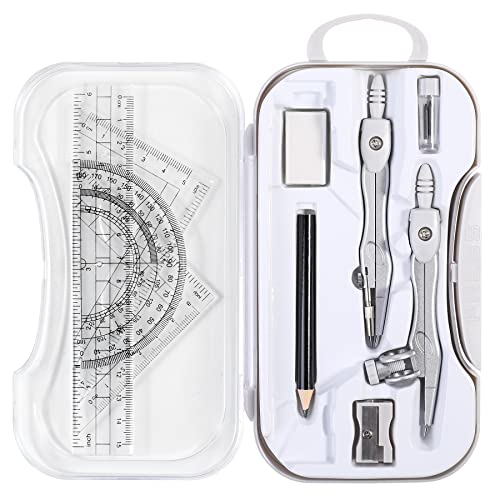 Unjoo Math Geometry Sets 10 Piece Student Supplies with Shatterproof Storage Box,Includes Rulers,Protractor,Compass,Eraser,Pencil Sharpener,Lead Refills,Pencil,for Drafting and Drawings（Grey） - color: Grey