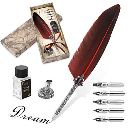 Quill Pen, Hand Made Antique Quill Dip Pen, Calligraphy Writing Pen for Students Officer, Write Smoothly, Executive Gift with Empty Ink Bottle, 6 PCS Nib for Art