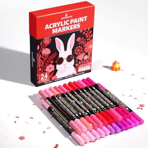 WINSONS 24 Colors Acrylic Paint Markers Set – Vibrant Permanent Paint Pens with Brush & Fine Tip, Water-Based Quick Dry for Rock Painting, Canvas, Wood, Glass, Fabric, DIY Art Supplies (Red Tone) - style: Red Tone