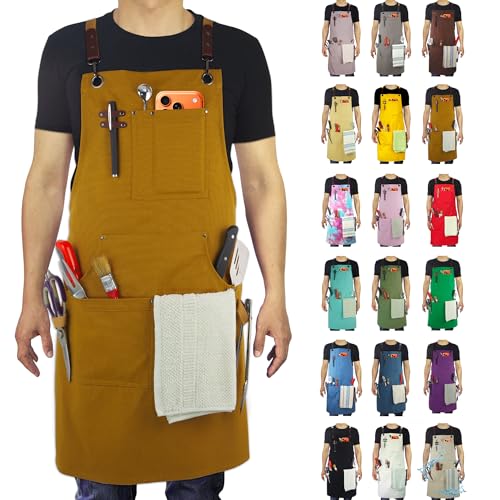 Kitchen Apron, Work Apron, Canvas, Multiple Pockets, Gardening, Painting, BBQ, Artist, Carpenter, Sizes M to XXL, Khaki - color: Khaki