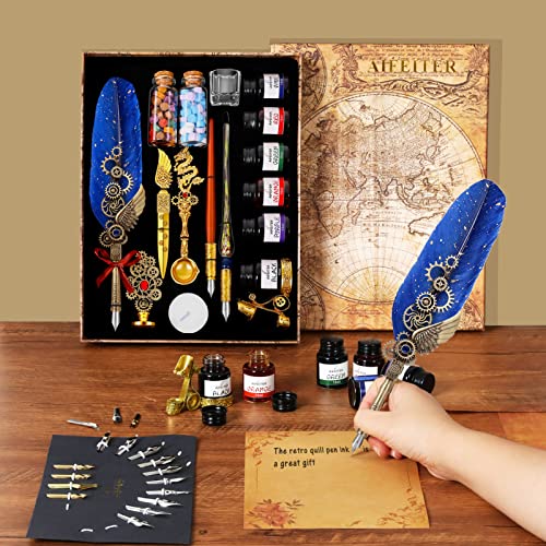 Aifeiter Quill Pen Ink Set-Feather Calligraphy Pen and Set,includes 6 Bottles of,Quill Pen,Glass Dipping Pen,Wooden Dipping Pen,17 nibs,8 Sheets of Writing Paper,Envelope,Spoon-blue - color: Blue