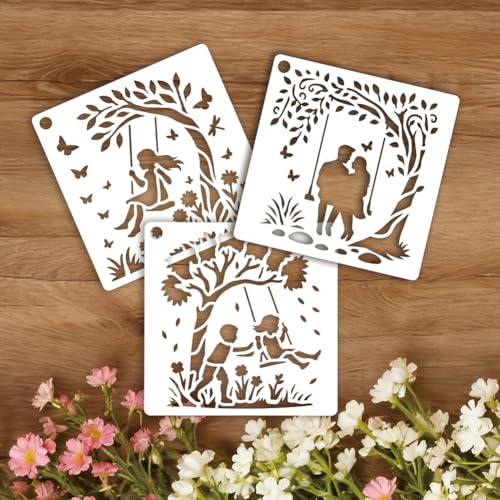 6 Sheets Tree Swing Stencils for Painting, 6 Styles Family Friends Swinging Under The Tree Wall Stencil Template Flower Tree Branch Stencils for Painting on Wall Wood Home Decor - style: Swing under the Tree