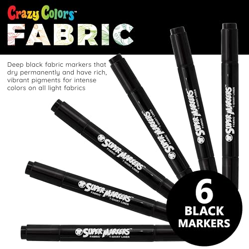 U.S. Art Supply Super Markers Black Dual Tip Fabric Markers Permanent for Clothes - Set of 6 Fabric Pens with Permanent Ink, Double-Ended with Chisel Point and Fine Point Tips - style: 6-Marker Black Set
