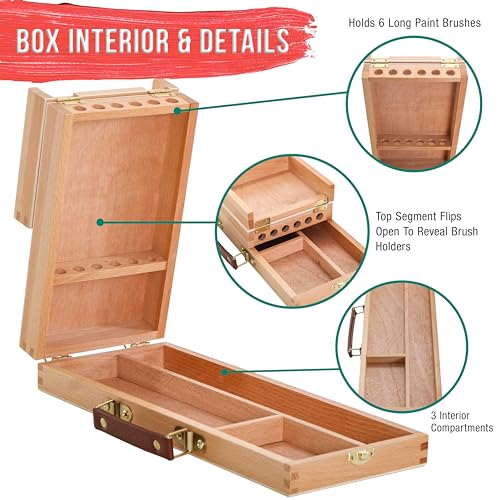 U.S. Art Supply Multi-Function Flip Open Artist Supply Box with Locking Clasps - Wooden Art Box for Artist Supplies, Brushes, Pencils, Erasers, Tool Storage Organizer Case to Protect and Transport