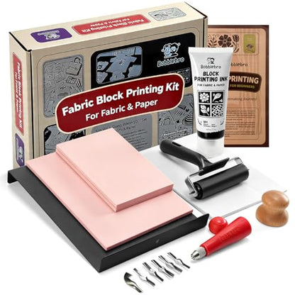 Bobblebro Linocut Kit for Printmaking - Fabric Block Printing Kit with 2.6 oz Fabric Ink for Fabric and Paper, Stamp Making Kit & Carving Tools - Arts and Crafts for Adults - DIY Back to School Gift - color: Beige-linocut kit