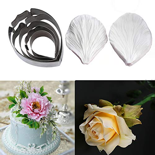 KALAIEN 5pcs Stainless Steel Peony Cutter 2pcs Fondant Silicone Mold Gumpaste Peony Sugarcraft Flower Veining Mold Veiner Petal Making Tool - color: Peony Set(7pcs)