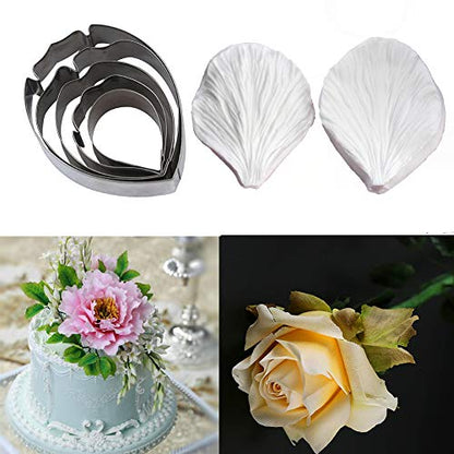 KALAIEN 5pcs Stainless Steel Peony Cutter 2pcs Fondant Silicone Mold Gumpaste Peony Sugarcraft Flower Veining Mold Veiner Petal Making Tool - color: Peony Set(7pcs)