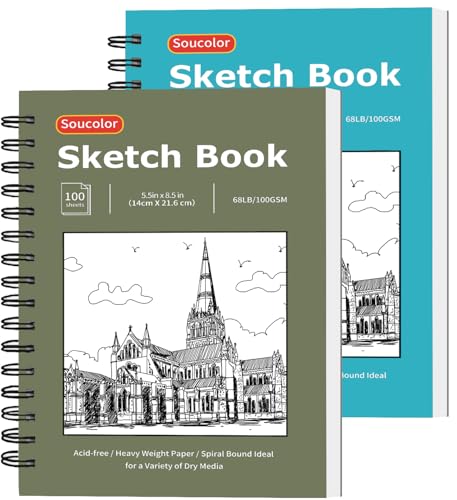 Soucolor Sketchbook 5.5" x 8.5", 2 Pack Mini Sketch Book | Spiral Bound Sketch Book with 200 Sheets 68lb/100gsm Acid-Free Paper, Drawing Notebook for Adults Kids Artists Art Supplies - color: Christmas Blue & Christmas Green, size: 5.5" x 8.5" (Pack of 2)