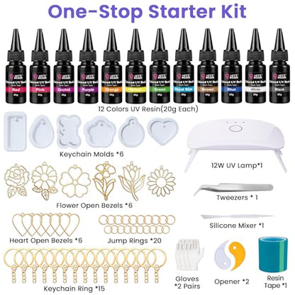 LET'S RESIN 30g UV Resin Kit with Light and 12-Color UV Resin with All-Inclusive Keychain Making Kit