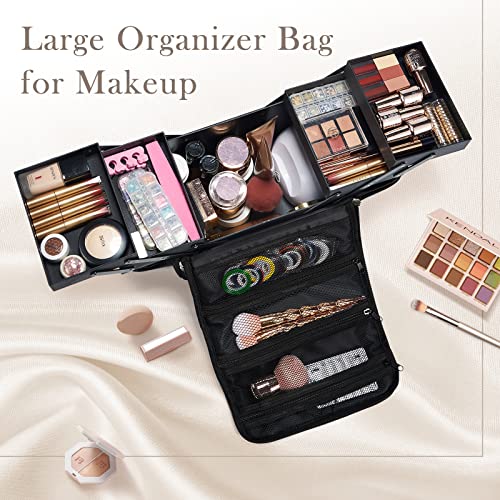 Yueieoun Large Makeup Case,Nail Bag with 4 Tier, Travel Makeup Box Organizer,Nail Kit Storage Tattoo Bag Make Up Case for women/Nail Art/Eyelash Extension/Tattoo/MUA, with luggage sleeve, Black - size: Medium