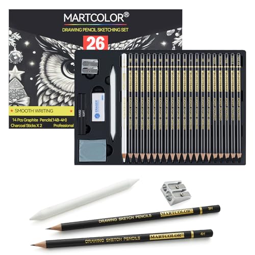 MARTCOLOR Drawing Sketching Pencil Set, 26 Pieces, Graphite Pencils (14B-4H), Charcoal Pencils, Charcoal Sticks, Blending Stump, Eraser, Sharpeners, Artist Pencils for Beginners & Pro Artists