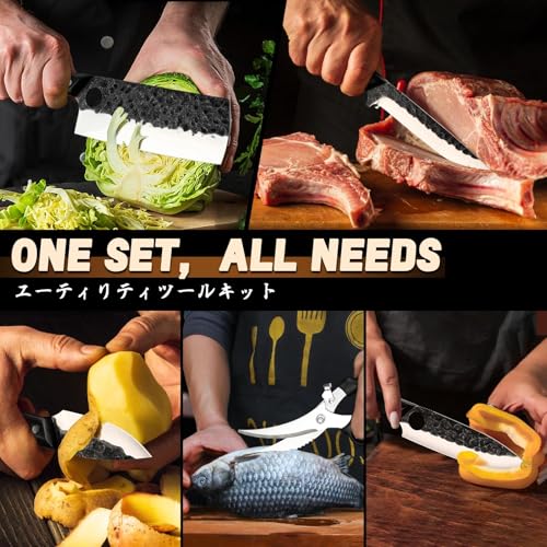 Golden Bird Japanese Chef Knife Set with Roll Bag, Hand Forged Butcher Knife Set for Meat Cutting, Outdoor BBQ Knives for Men, Christmas Gifts for Men Women - size: 8.07inches