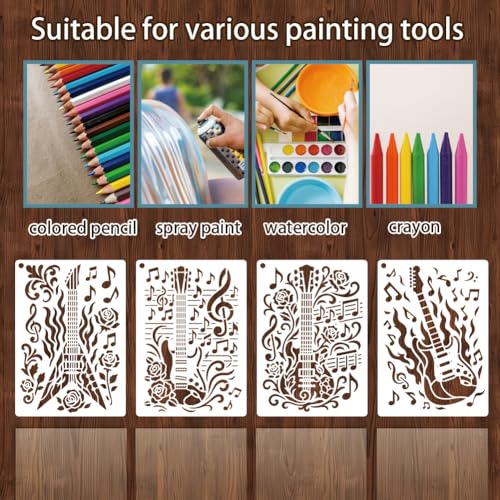 6 Sheets Texture Guitar Stencils for Painting, 6 Styles Musical Instruments Musical Note Wall Stencil Template Reusable Musical Theam Stencils for Painting on Wall Wood Home Decor - style: Guitar
