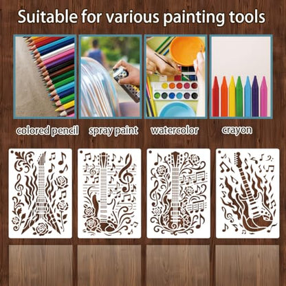 6 Sheets Texture Guitar Stencils for Painting, 6 Styles Musical Instruments Musical Note Wall Stencil Template Reusable Musical Theam Stencils for Painting on Wall Wood Home Decor - style: Guitar