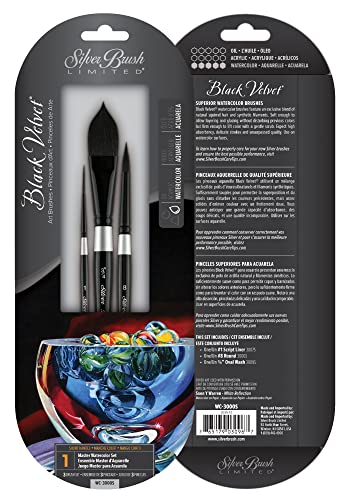 Silver Brush Limited WC-3000S Black Velvet Master Watercolor Set, Set of 3, Size 3/4 Inch Oval Wash, Size 8 Round, and Size 1 Script Liner Paintbrushes, Short Handle - color: Master Watercolor Set, size: 3 Pc