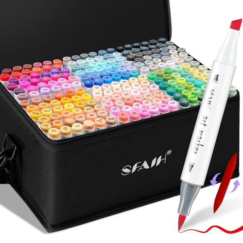 SFAIH Alcohol Markers Brush & Chisel - 216 Colors Double Tipped Art Markers for Adult Coloring Illustration, Gifts for Artist Adult - Adjustable Shoulder Strap & Faux Leather Lining & Outer Zip Pocket - color: 216 Colors, size: Brush & Chisel