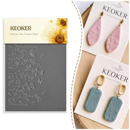 KEOKER Polymer Clay Texture Sheets Set, Works with Polymer Clay Cutter, Same Effect as Polymer Clay Texture Roller, Texture Sheets - color: Flowers B