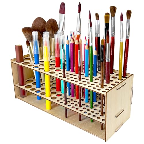 Wooden Paint Brush Holder 105 Holes Paintbrush Holder Organizer Paint Brush Stand Rack with Silicone Rings for Pens Pencils Artist