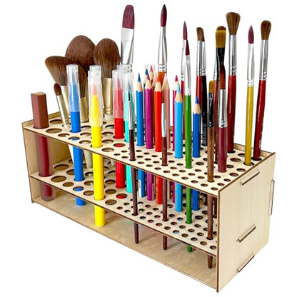 Wooden Paint Brush Holder 105 Holes Paintbrush Holder Organizer Paint Brush Stand Rack with Silicone Rings for Pens Pencils Artist