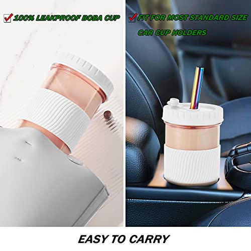 Amyoole 2 Pack Reusable Boba Cup,24Oz Wide Mouth Smoothie Cup,mason Jar Glass Cups with Lids and Straws,Bubble/Boba Tea Cups,Ice Coffee Tumbler 2 colored straws 1 sponge brush(White) - color: White