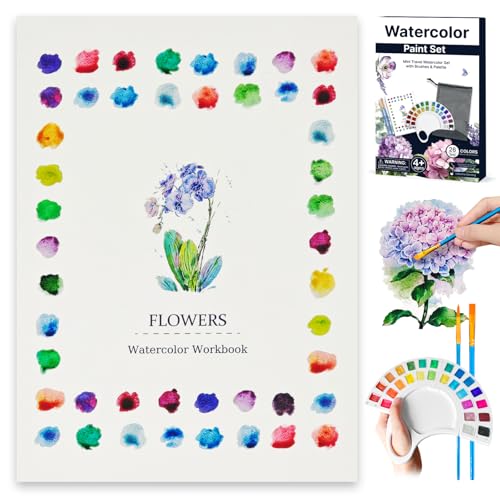 Watercolor Workbook, Water Coloring Book with 13 Pages 300GSM Paper, 26 Colors Watercolor Paint Set with Brush & Storage Bag, Beginner-Friendly Coloring Book for Adults - Flowers Theme Art Kit - color: Flowers