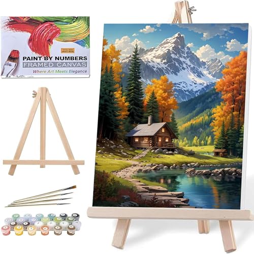 ldazao Mountain Paint by Numbers Kit for Adults Beginner with Frame Wooden Easel Cabin Adult Paint by Number Kits On Canvas for Gift Home Wall Decor 16x20 Inch - color: FrameSZ0027