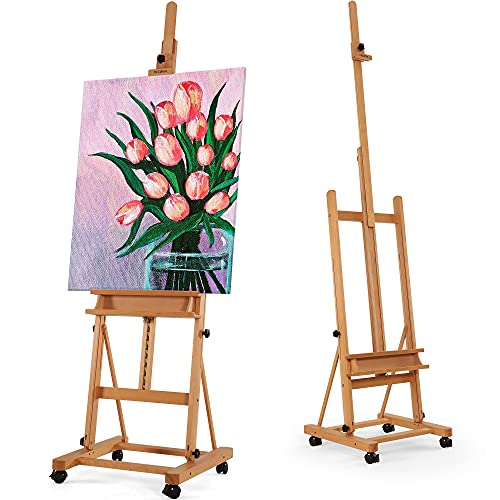 VISWIN Extended Large H-Frame Easel for Painting, Adjustable Beech Wood Artist Easel Stand with 4 Wheels & Storage Tray, Foldable Art Easel Floor for Adults, Hold Canvas up to 93" - N - color: Natural