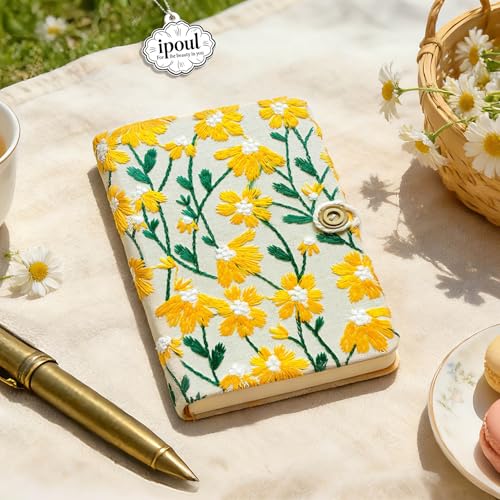 Daisy Gifts for Women, Flower Embroidered Journal, A6 Pocket Sketchbook, Small Unlined Notebook 4x6, Hardcover, Lay Flat, Cute Notebooks, Pretty Journal, Yellow Daisy - color: A6-Button-Yellow, style: Minimalist