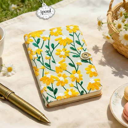 Daisy Gifts for Women, Flower Embroidered Journal, A6 Pocket Sketchbook, Small Unlined Notebook 4x6, Hardcover, Lay Flat, Cute Notebooks, Pretty Journal, Yellow Daisy - color: A6-Button-Yellow, style: Minimalist