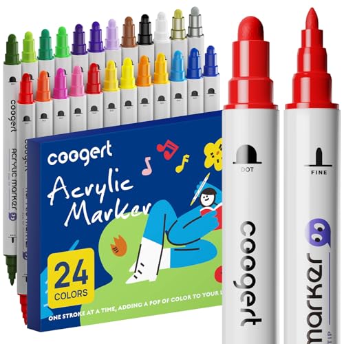 Coogert 24 Paint Pens for Rock, Fabric, Wood, Glass, Craft, Dual Tip Acrylic Paint Markers With Fine-Dot Tip for Canvas,Ceramic, Plastic, Art Painting Supplies Kit - style: Dual Tip