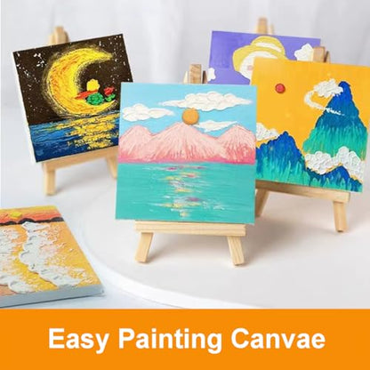 50 Pack Mini Canvas and Easel Set Bulk, 4x4 inch Small Canvases for Painting with Easels Stand, Mini Canvas Panels with Wood Easel Set for Students School Art Painting Party Supplies