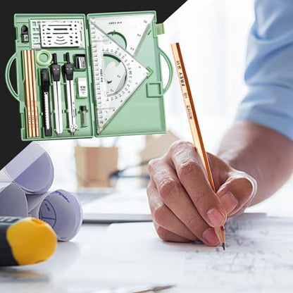 Professional Geometry Set(16Pcs) - Geometry Kit For Artists And Students | Geometry Set With Metal Rulers | Triangle Ruler Compass Protractor Set | Architecture Drawing Pencils Drafting Set - color: Green