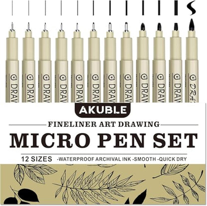Drawing Pens Micro Fineliner Art Pens: 12 Black Fine Line Markers Art Supplies Adults Artist Sketch Waterproof Archival Ink Watercolor Inking Fine Liner Manga Sketching Zentangle Stuff Micron Pen Set