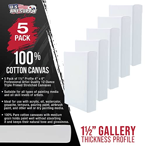 U.S. Art Supply 5-Pack Bulk Stretched Canvas for Painting 4 x 6 inch Gallery Depth 1-1/2" Profile - Professional Artist Quality, 100% Cotton 12-Ounce Gesso Triple Primed for Acrylic Pouring, Oil - size: 4" x 6"