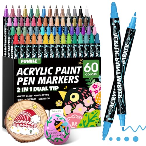 FUMILE 60 Colors Acrylic Paint Marker Dual Tip(Fine and Dot Tip), Paint Pens Acrylic Markers for Wood, Rock, Plastic, Glass, Ceramic, Canvas.Acrylic Markers Set for DIY and Art - style: 60 Colors Round and Fine Tip