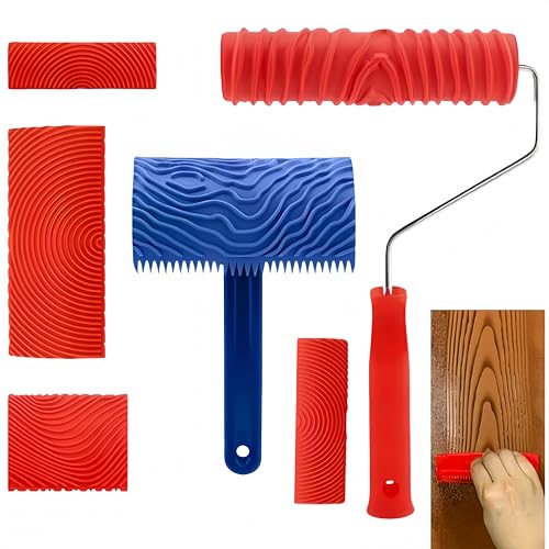 6PCS Wood Grain Tool Set，7" Fake Wood Grain Roller Painting Tool with Handle DIY Rubber Graining Tool Paint for Wall Room Art Paint Decoration,Paint that Looks Like Wood Grain，Faux Wood Paint