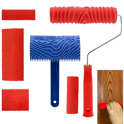 6PCS Wood Grain Tool Set，7" Fake Wood Grain Roller Painting Tool with Handle DIY Rubber Graining Tool Paint for Wall Room Art Paint Decoration,Paint that Looks Like Wood Grain，Faux Wood Paint