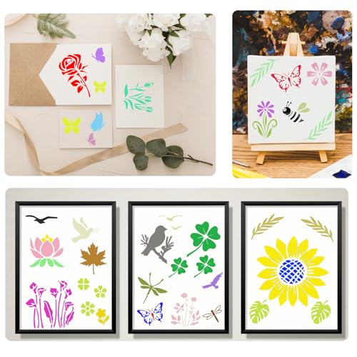 80 Pcs Small Nature Stencils for Painting on Rocks & Wood Slices, 3x3 Inch Reusable Flower Bird Butterfly Stencils, Mini Floral Templates for Crafts, Scrapbooking, Card Making, and DIY Ornaments